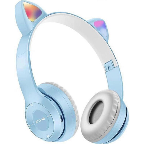 (Light Blue) Cute Cat Ear LED Bluetooth Wireless Headset