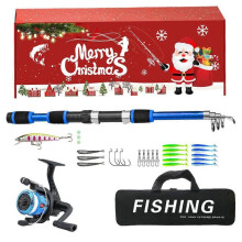 (Blue) Christmas Fishing Lure Set With Telescopic Fishing Rod and Fishing Reel Christmas Fishing Gift