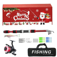 (Red) Christmas Fishing Lure Set With Telescopic Fishing Rod and Fishing Reel Christmas Fishing Gift