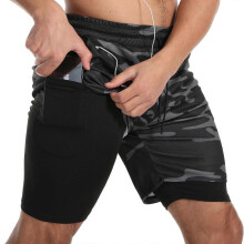 (M) Men's 2 in 1 Sports Quick Dry Workout Running Shorts Lightweight Athletic Gym Shorts with Compression Liner - Black Camouflage