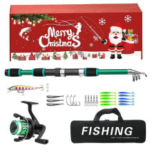 (Green) Christmas Fishing Lure Set With Telescopic Fishing Rod and Fishing Reel Christmas Fishing Gift