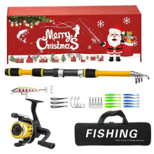 (Yellow) Christmas Fishing Lure Set With Telescopic Fishing Rod and Fishing Reel Christmas Fishing Gift