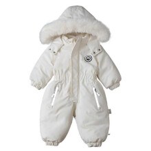 (120cm, White) Unisex Children's One-Piece Snowsuits, Ski Overall with Hood, Waterproof Thickened Warm Outdoor Ski Suits for Baby