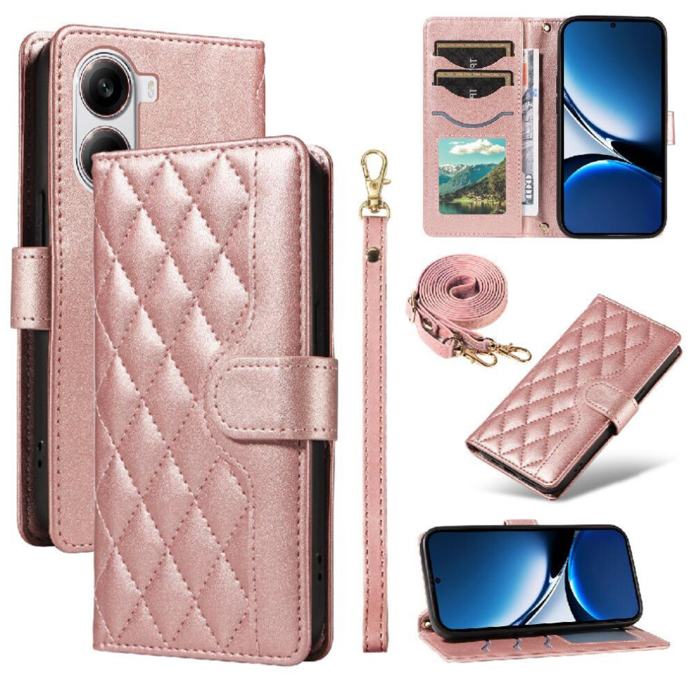 (Pink) Flip Case For Xiaomi Poco X7 Pro Lattice Flip Folio Phone Case With Stand Detachable Wrist Strap And Long Lanyard Wallet Card Slots Pink 764563775958