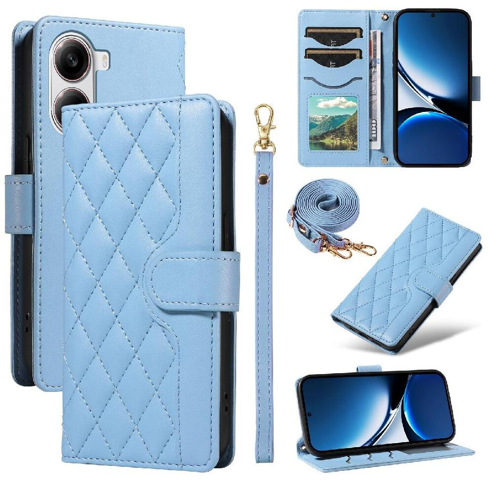 (Blue) Flip Case For Xiaomi Poco X7 Pro Lattice Flip Folio Phone Case With Stand Detachable Wrist Strap And Long Lanyard Wallet Card Slots Blue 764563776009