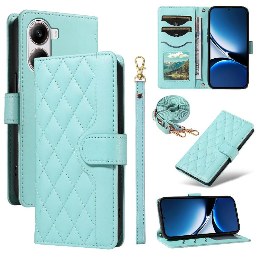 (Green) Flip Case For Xiaomi Poco X7 Pro Lattice Flip Folio Phone Case With Stand Detachable Wrist Strap And Long Lanyard Wallet Card Slots Green 764563776016