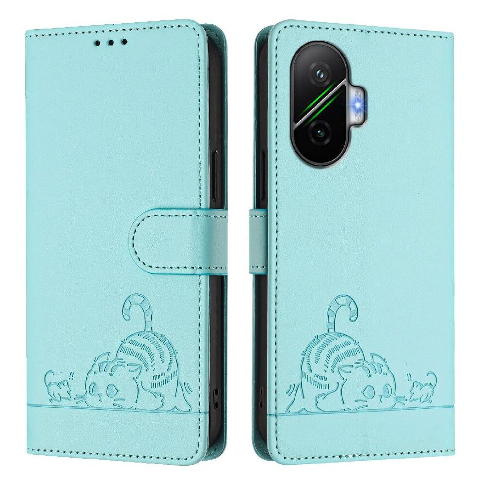 (Green) Case For Xiaomi Poco F7 5G Cat Rfid Card Slot Holder Kickstand Wallet Flip Cover Green 764563779901