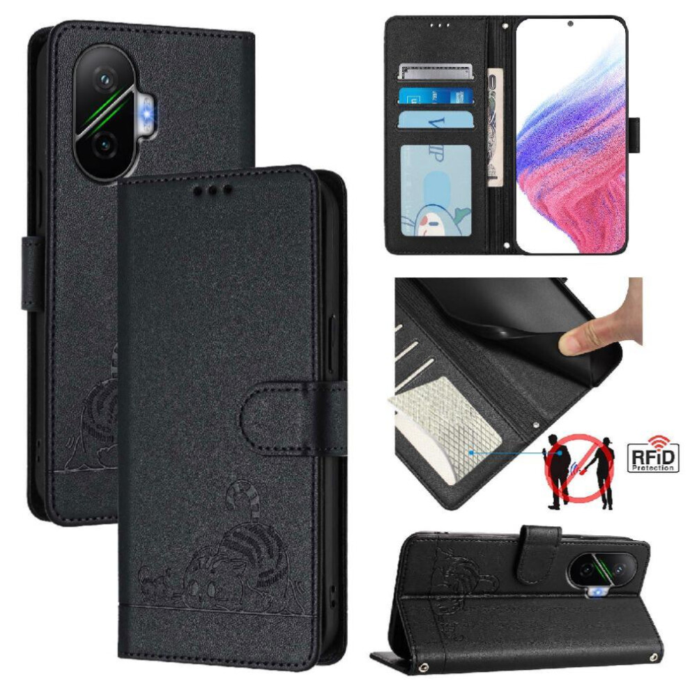 (Black) Case For Xiaomi Poco F7 5G Cat Rfid Card Slot Holder Kickstand Wallet Flip Cover Black 764563779925