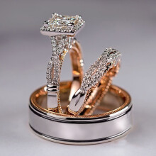 (Combination of three sets of rings F500, No. 7) Bestselling 3-Piece Women's Ring Set - Rose Gold Two-Tone Sparkling Zircon Rings, Luxury Engagement Bands & Gift