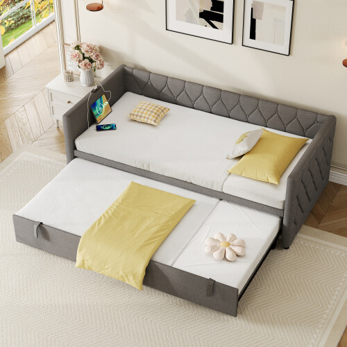 (Grey) Upholstered Daybed, Sofa Bed with Charging Station 2