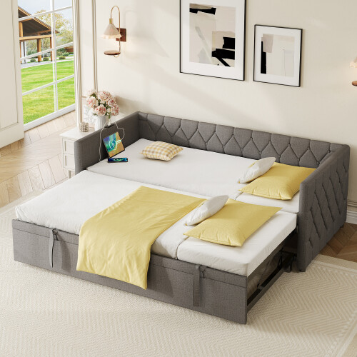(Grey) Upholstered Daybed, Sofa Bed with Charging Station 1