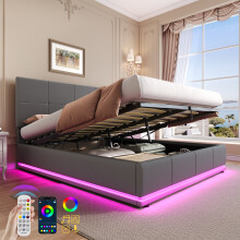 (Grey) Ottoman Double Bed with LED Lighting
