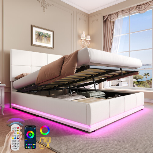 (Cream White) Ottoman Double Bed with LED Lighting