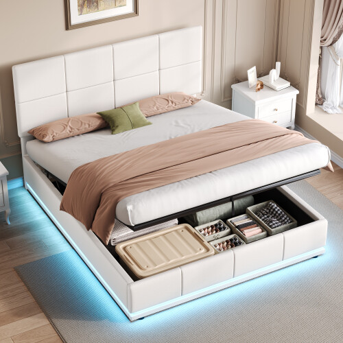 (Cream White) Ottoman Double Bed with LED Lighting 1