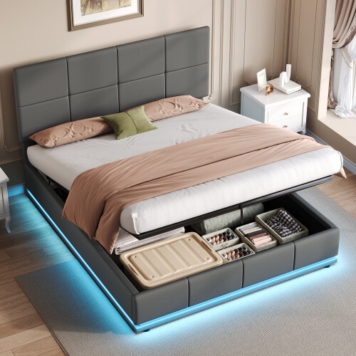 (Grey) Ottoman Double Bed with LED Lighting 1