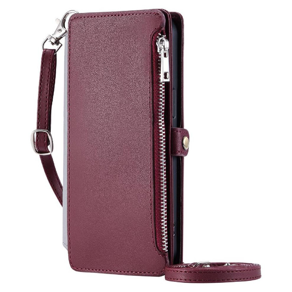 (Red) Crossbody Case For Motorola Moto G82 Long Lanyard Zipper Bills Slot 9 Card Slots Rfid Blocking Case Wallet Red 764563781966