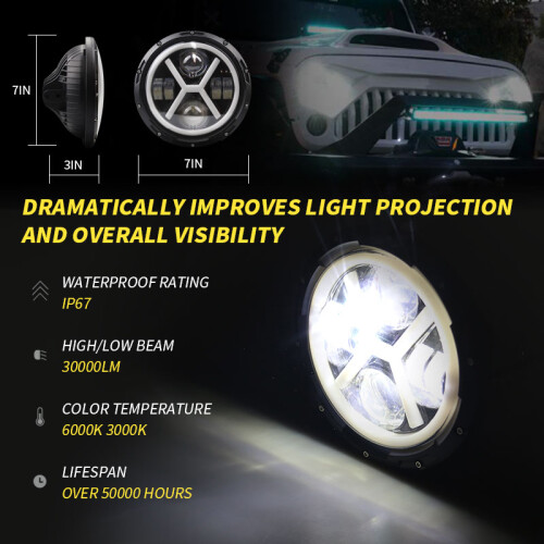 Lâmpada LED Angel Eye redonda de 7 polegadas, 500 W, 30000 LM para JK TJ LJ 1