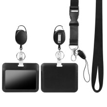 Black Horizontal ID Badge Holder with Lanyard  Retractable Heavy Duty Oval Badge Reels Detachable Keychain  for Nurse Officer Teacher Security Staff W