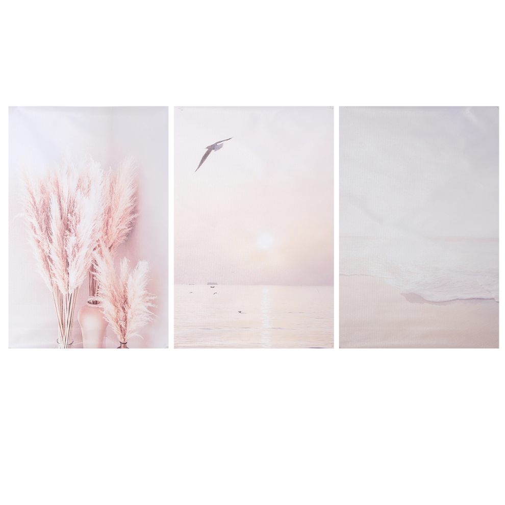 Peinture sur toile 3 pièces beige avec coucher de soleil sur la plage et palmiers