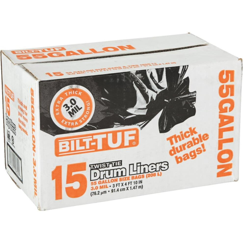 Contractor Trash Bags 55 Gallon Drum Liner Flat Cut Top Superior Strength Black 3.0 Mil 15 Count - Bilt-Tuf