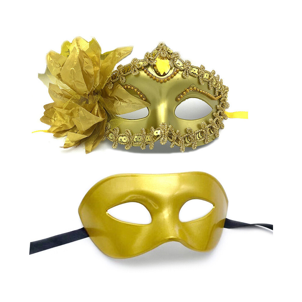 (Gold Side Flower) Halloween Props Couple Mask Ball Party Flat Head Painted Flowers Mask Half Face-image-OPC-PHQQYQ7-NEW