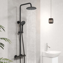 Bathroom Thermostatic 8-inch Black Twin-Head Round Shower Set
