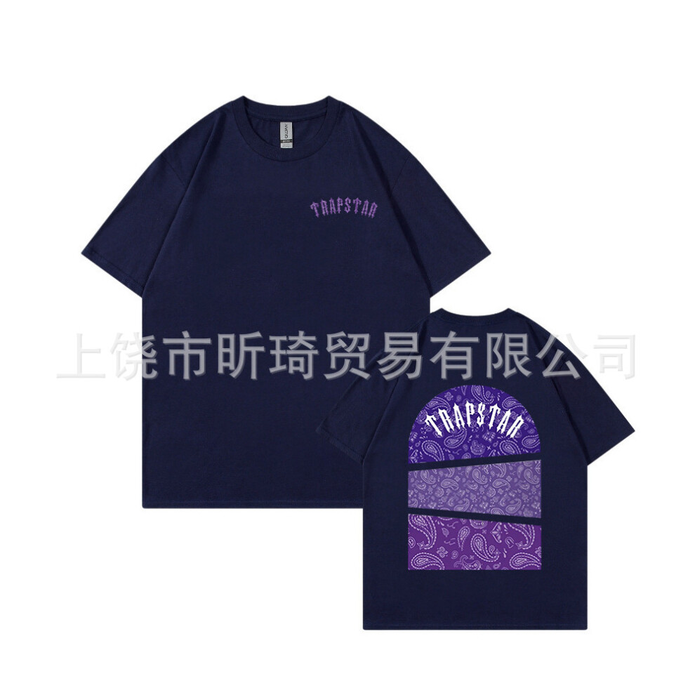 (Navy Blue [Purple Label], XL) Trapstar Summer New Printed Cotton T-Shirt, Loose and Fashionable Short Sleeve Street Style for Men and Women-image-OPC-PHQSCCM-NEW
