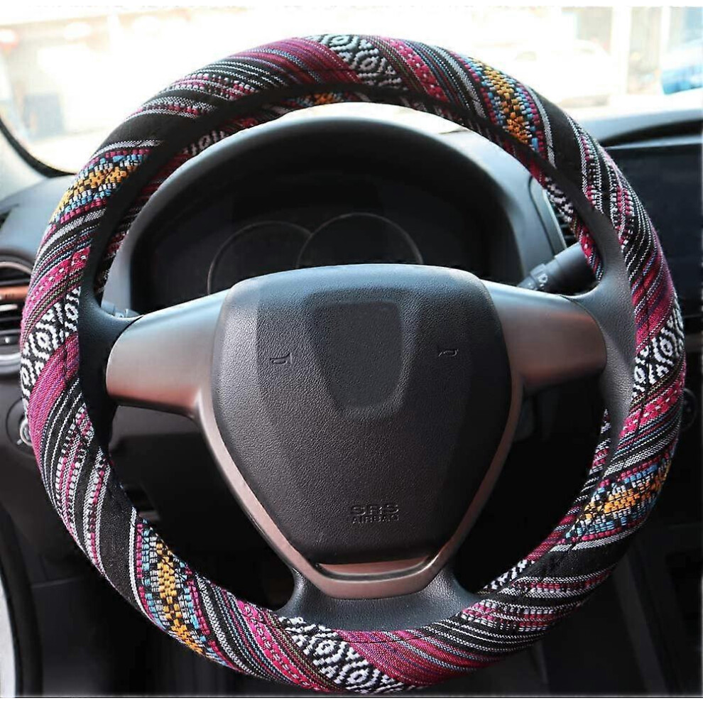 (As show, One size) Car Steering Wheel Cover, Coarse Flax Cloth H#, Ethnic Style, Universal 15 Inch Fit, Anti-Slip Sweat-Absorbent