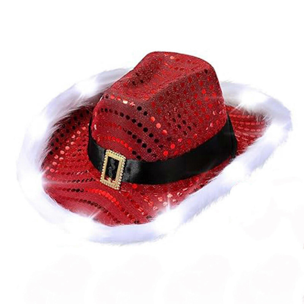 (As Show, One Size) Cowboy Hats Shimmering Sequins Feather Party Hat Sequins Panama Hat For Music Festivals Stylish Party Hat Red 3081097254962