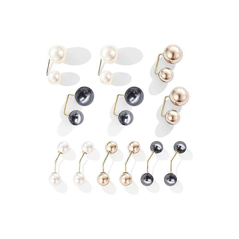 (As Show, One Size) 12 Pcs Double Faux Pearls Brooch Collar Clip Scarf Clip Double-Headed Pearls Cardigan Brooch Neckline Brooch Sweater Clothes Sweat Gold/Silver/Beige