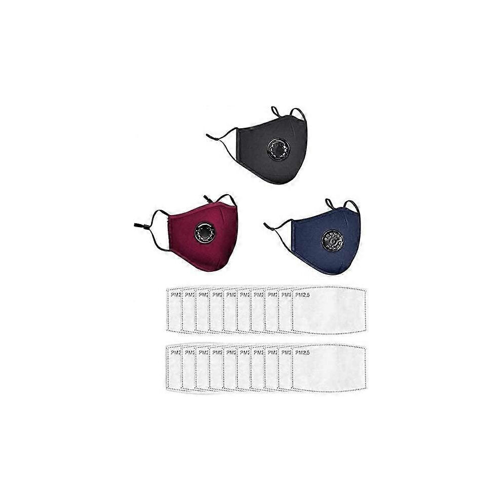 (As show, One size) [New Version with 4 Layer] 3Pcs Safety Cotton Face Mask with Breathing Valve Plush Replaceable Activated 20Pcs Carbon Filters | Face Covering Washable