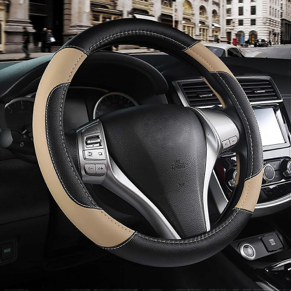 (As show, One size) Leather Car Steering Wheel Cover-Beige, Non-Slip Car Wheel Cover Protector Breathable Microfiber Leather Universal Fit for Most Ca