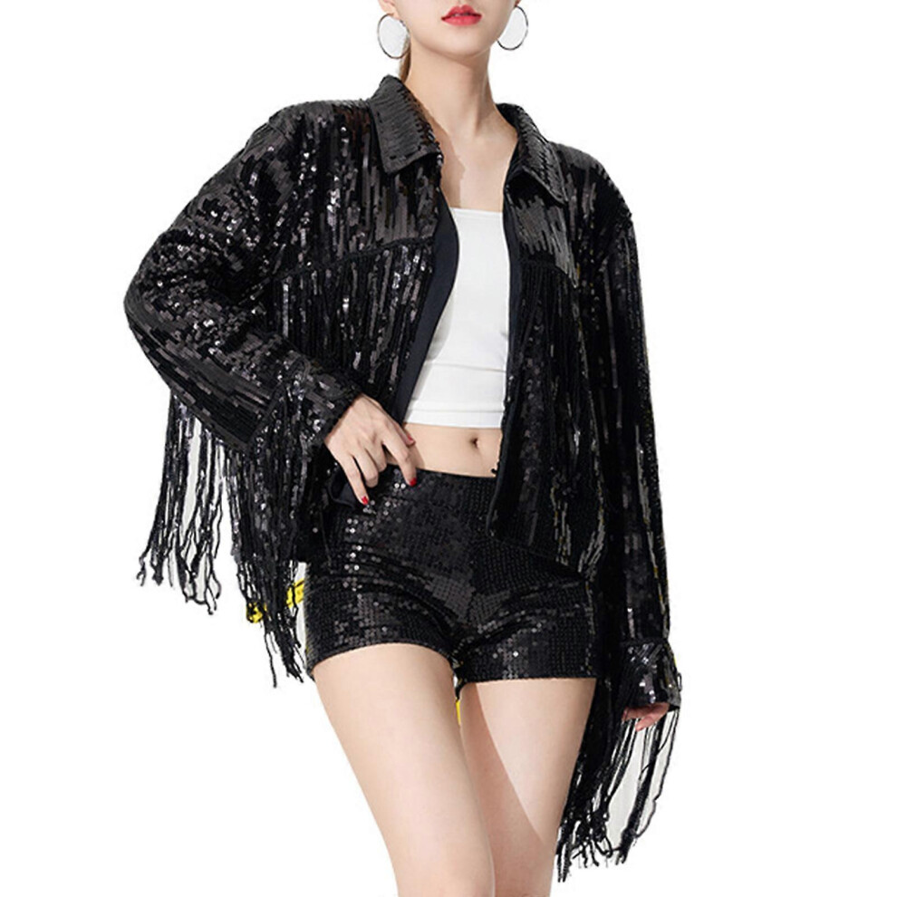 (Black, One Size) Glitter Sequins Fringe Long Sleeve Short Jackets For Women Shining Top Tassels Open Front Outerwear Raves Party Clubwear Black 3081097255402
