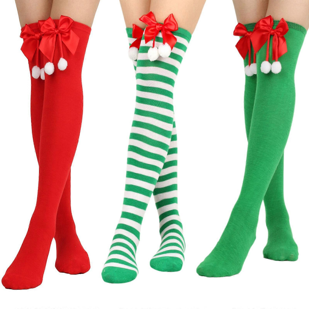 (Style 3, One Size) 3 Pairs Christmas Over The Knee Long Tube Socks With Bowknot For Women Festival Cosplay Striped Thigh High Stockings Style 1 3081097229908