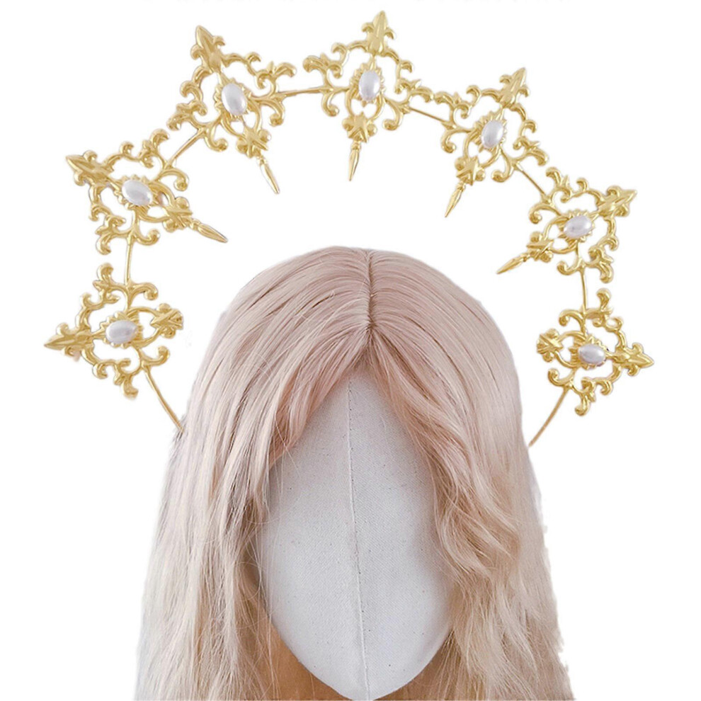 (A Golden Halo, One Size) Exaggerated Pearls Headband With Pearls Tiaras Crown Hairhoop Women Baroque Styles Headwear Crownpiece For Formal Event 3081097256225