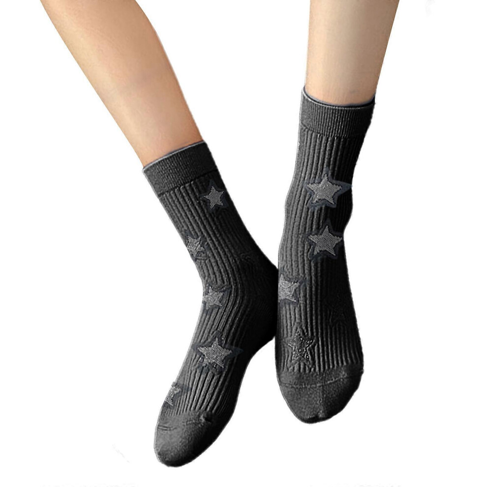 (White, One Size) Women Harajuku Star Pattern College Style Middle Tube Calf Socks Japanese Korean Elegant Cotton Crew Socks Hosiery Black 3081097252722