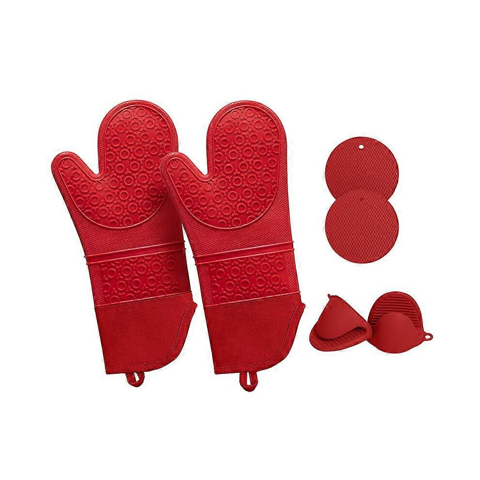 (As show, One size) Set of 6 Oven Gloves Waterproof and Heat Resistant Silicone Gloves Non-Slip Oven Gloves with Pinch Hand and Silicone Brush Long Cuff Cotton BBQ Smokin