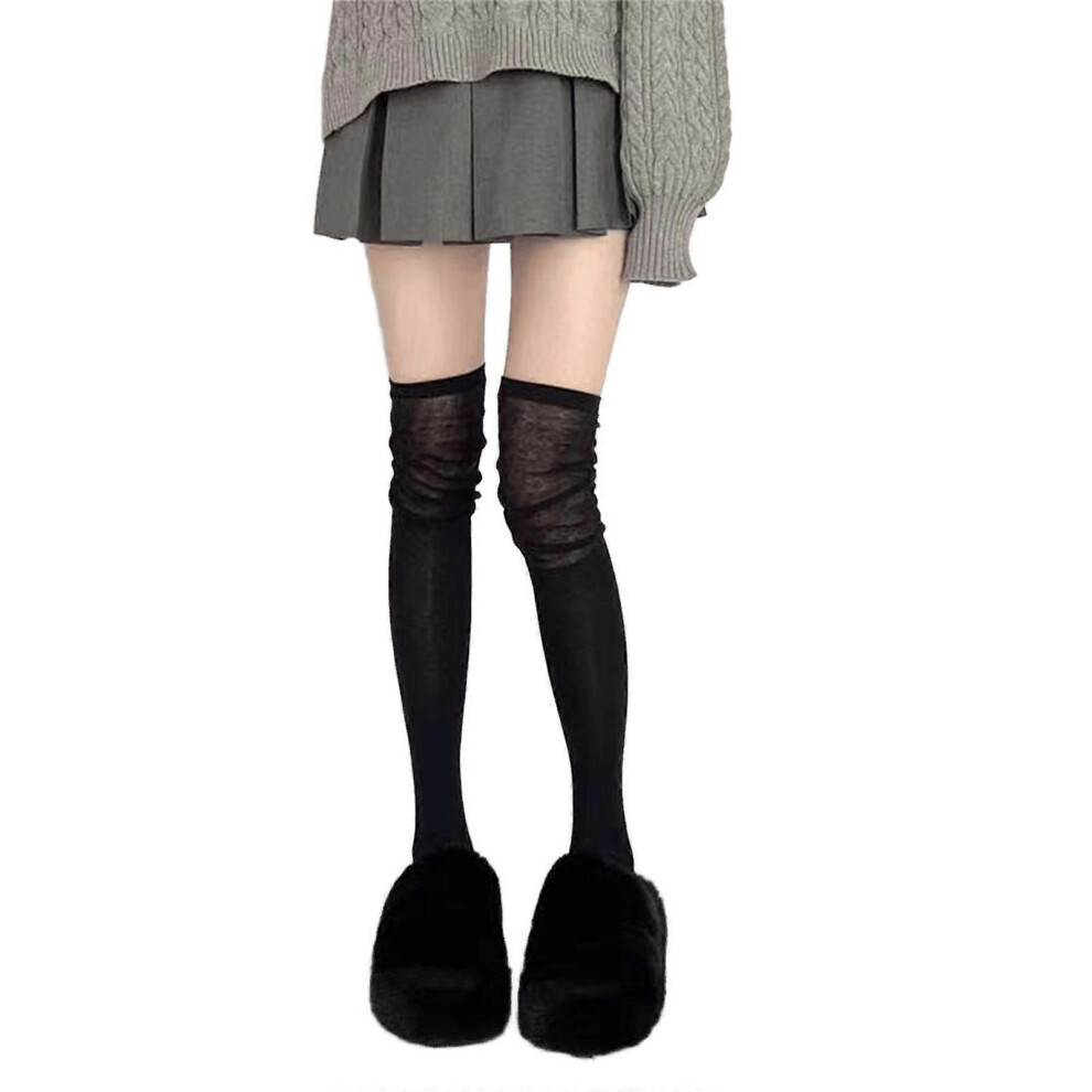 (Milky Apricot Color, One Size) Women Ribbed Knitted Thigh High Boot Socks Winter Fall Solid Color Ruched Slouch Top Over Knee Long Stockings Hosiery 3081097234551