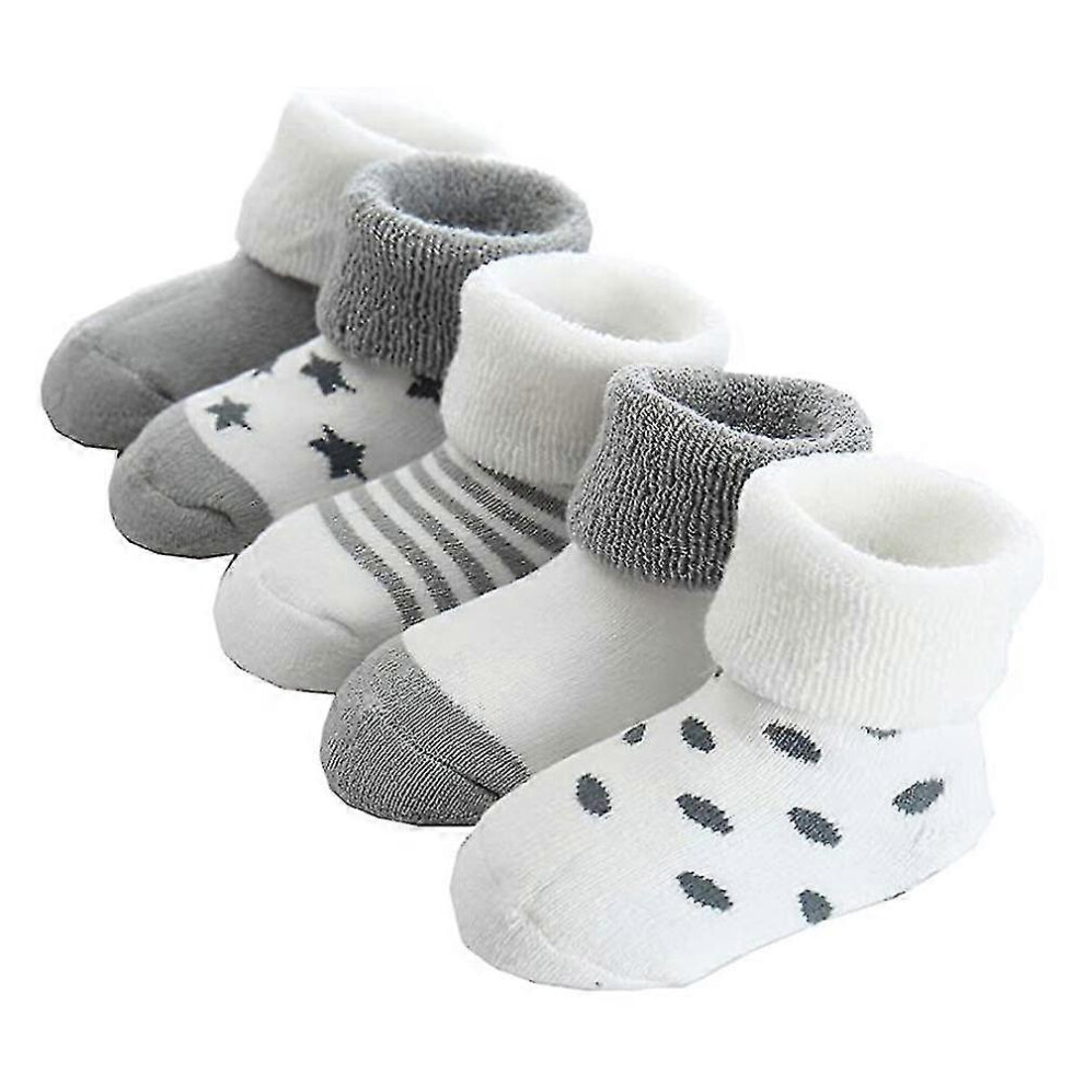 (As show, One size) 5 Pairs Warm Baby Terry Socks, Baby Socks, Cartoon Baby Socks, Cotton Newborn Kids Socks 0-6 Months Gray