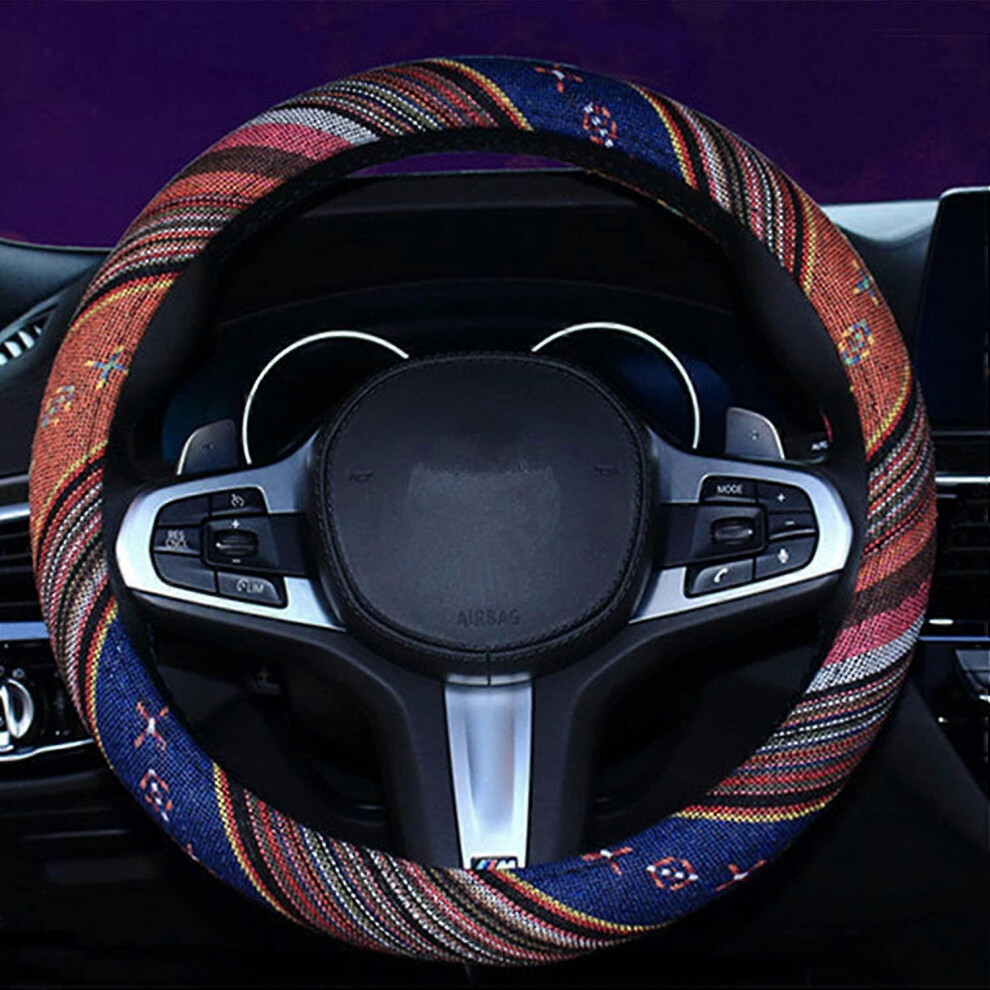 (As show, One size) Car Steering Wheel Cover, Coarse Flax Cloth (1#), Ethnic Style, Universal 15 Inch Fit, Anti-Slip Sweat-Absorbent