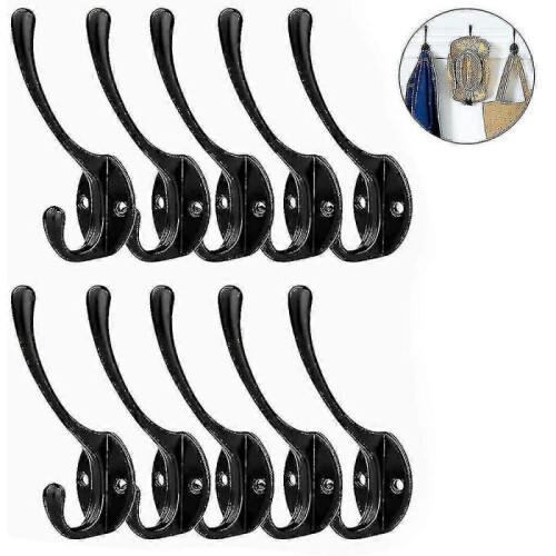 (Black) 10 Pack Rustic Coat Hooks Wall Mounted Heavy Duty Double Hooks Retro) 1