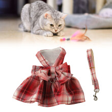 Rotes XS-Hundegeschirrkleid mit Leine, kariertes Schleifen-Knoten-Design