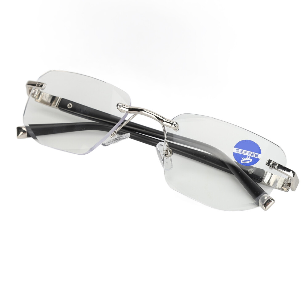 Presbyopic Glasses Blue Light Blocking Men Frameless High Definition Lens for The Elderly +200 Silver Eyeglass Temples
