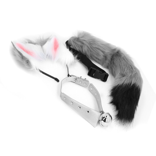 Grau Kunstfell-Haarclips mit Wolf- oder Fuchs-Schwanz und Ohren, 50 cm