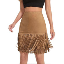 (S) Women's Tassel Trim High Waist Suede Fringe Mini Bodycon Skirt S-3XL