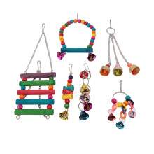 Buntes Vogelspielzeug-Set aus Kiefernholz, 6 Stück, mit Glöckchen und Schaukel