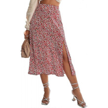 (S) Women's Casual Boho Printed High Waist Side Split Hem Zipper Midi Skirt S-2XL