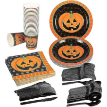 Pumpkin Halloween Party Supplies, Includes Plates, Napkins, Cups and Cutlery