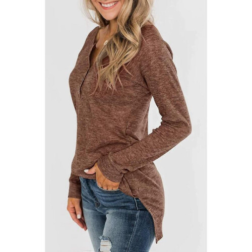 (L) Womens Long Sleeve Henley Shirts Button Down V Neck Loose Fit Solid Workout Basic Casual S-2XL 2