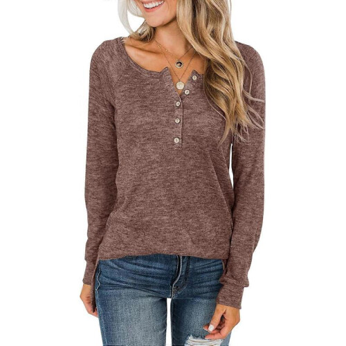 (S) Womens Long Sleeve Henley Shirts Button Down V Neck Loose Fit Solid Workout Basic Casual S-2XL